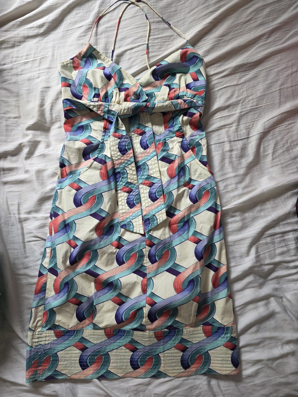 Nicole Miller Cream Midi Dress with Teal, Coral & Purple Chain Print